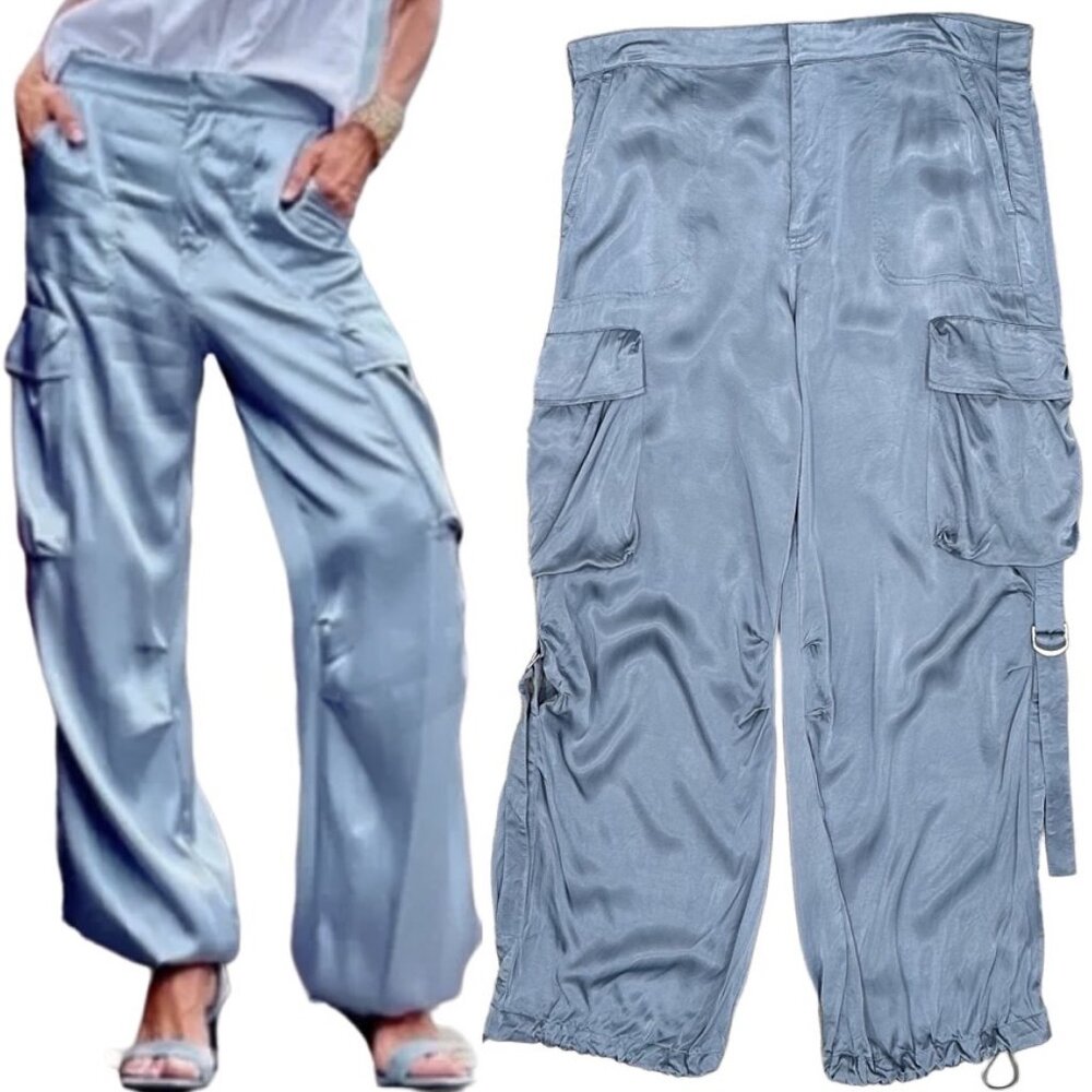 Zara Satin Cargo Pants XL Blue Gray Wide Leg Drawstring Hem High Rise Utility